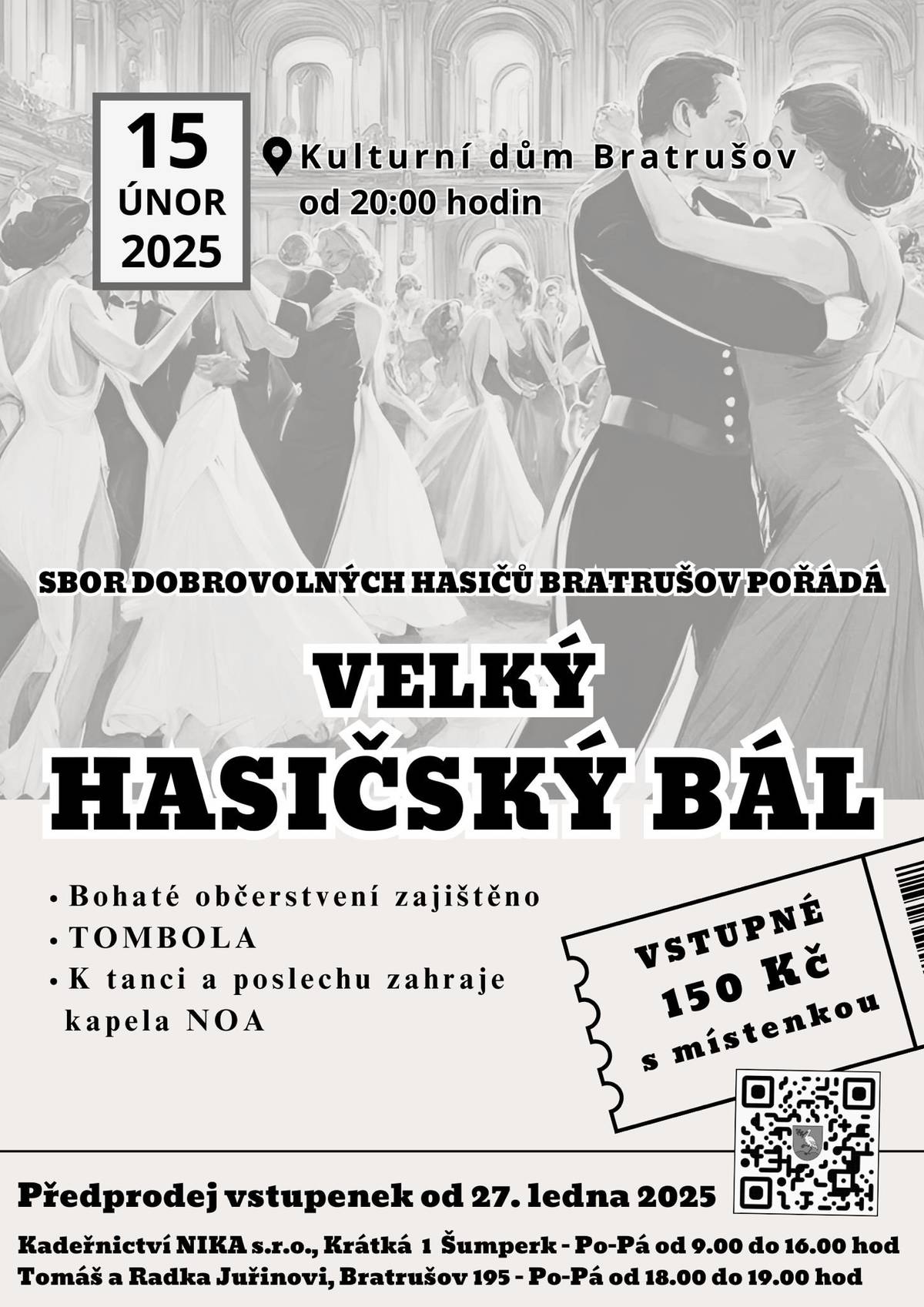 Velký hasičský bál - sobota 15.2.2025 od 20.00 v KD v Bratrušově. Zdraví Obec Bratrušov