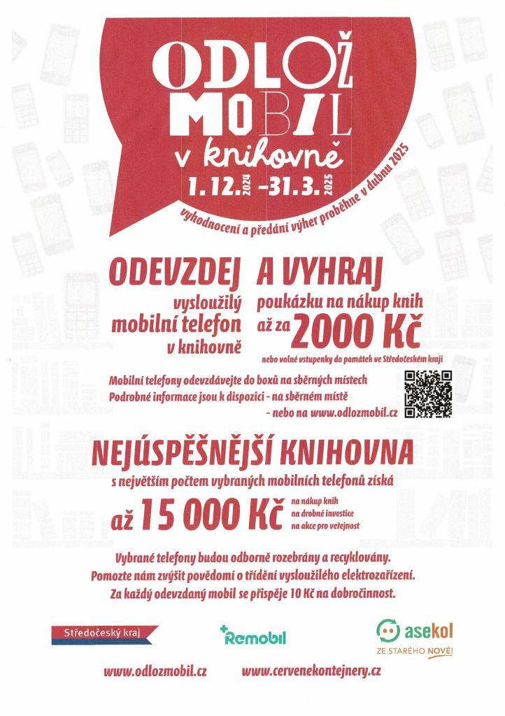 Obecní knihovna Třebešice se zapojila do projektu Odlož mobil v knihovně, který probíhá do 31.3.2025. Pokud máte doma starý a nevyužitý mobil, přineste ho do naší knihovny. Cílem soutěže je zvýšit povědomí o třídění elektroodpadu a zároveň můžete vyhrát poukázku na nákup knih.