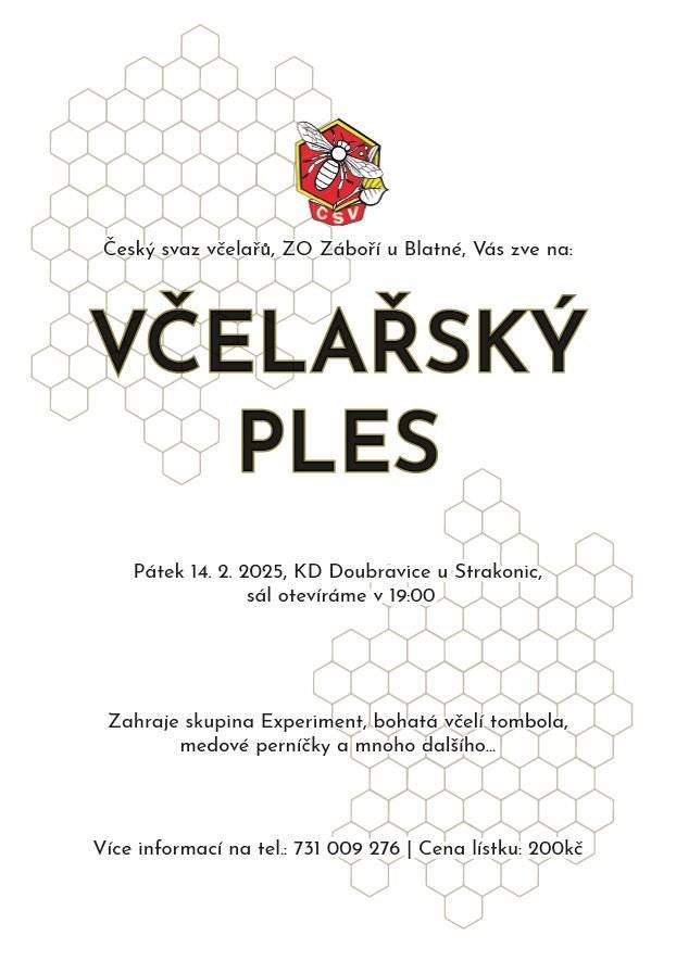 Český svaz včelařů, ZO Záboří u Blatné Vás zve na včelařský ples, který se koná v pátek 14.2.2025 od 19:00 hod. v KD Doubravice
