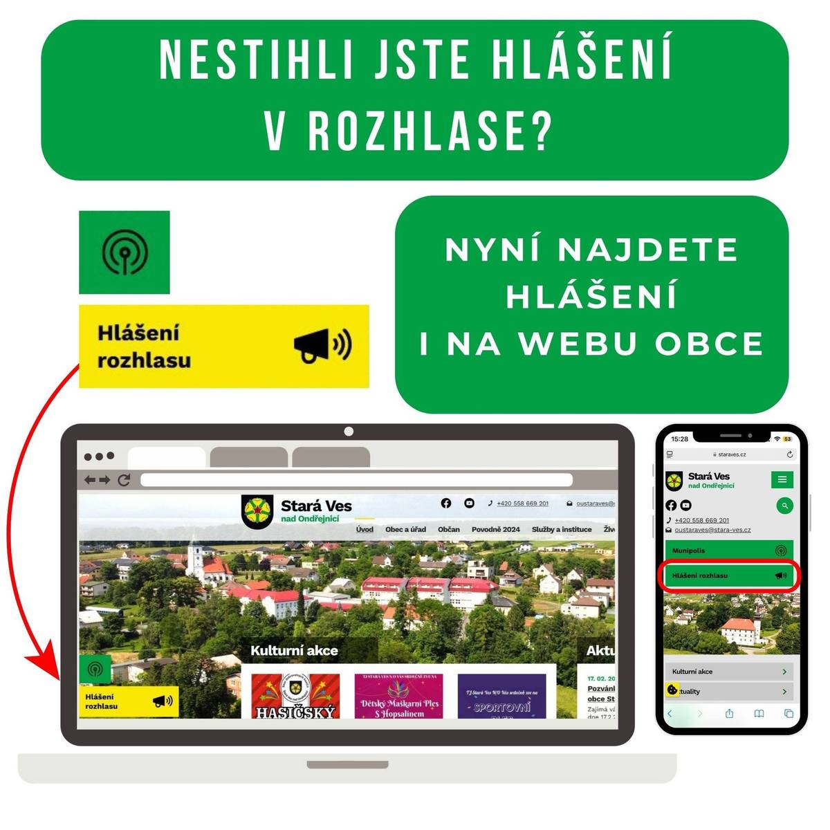 Nestihli jste hlášení v rozhlase? Máme pro Vás novinku! Nyní najdete hlášení i na webu obce. https://www.staraves.cz/hlaseni-rozhlasu