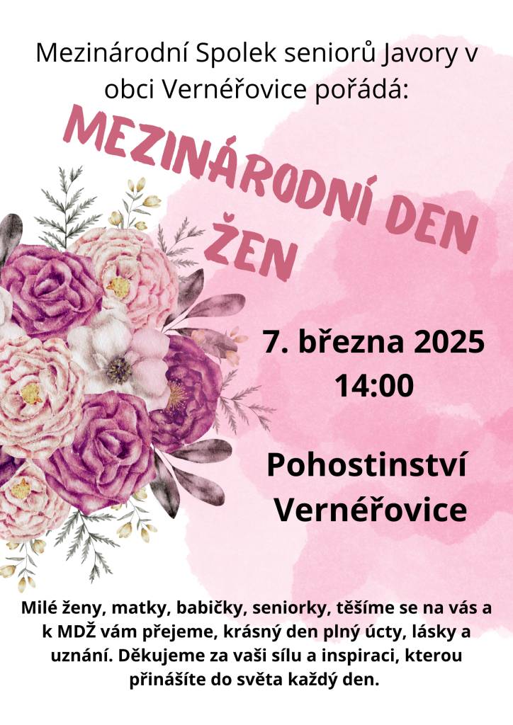 Mezinárodní Spolek seniorů Javory v obci Vernéřovice pořádá 7.března 2025 MDŽ