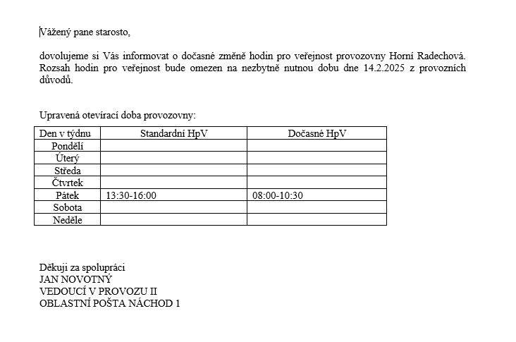 Změna otevírací doby pošty v Horní Radechové