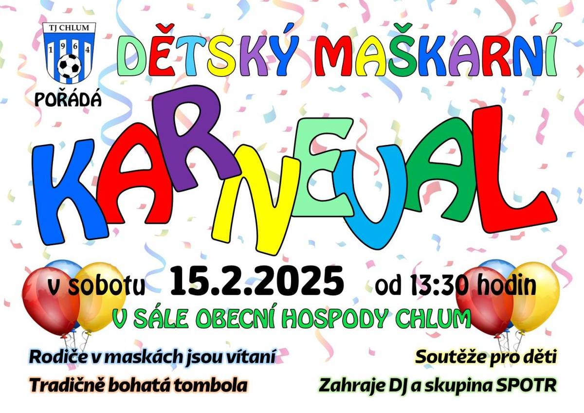 Spousta zábavy, tance, soutěží a tomboly. Nejlepší masky budou oceněny. Hudbu zajistí DJ (rejža) a mladá skupina SPOTR. Celým odpolednem budou provádět dvě červené karkulky Ali a Petra.