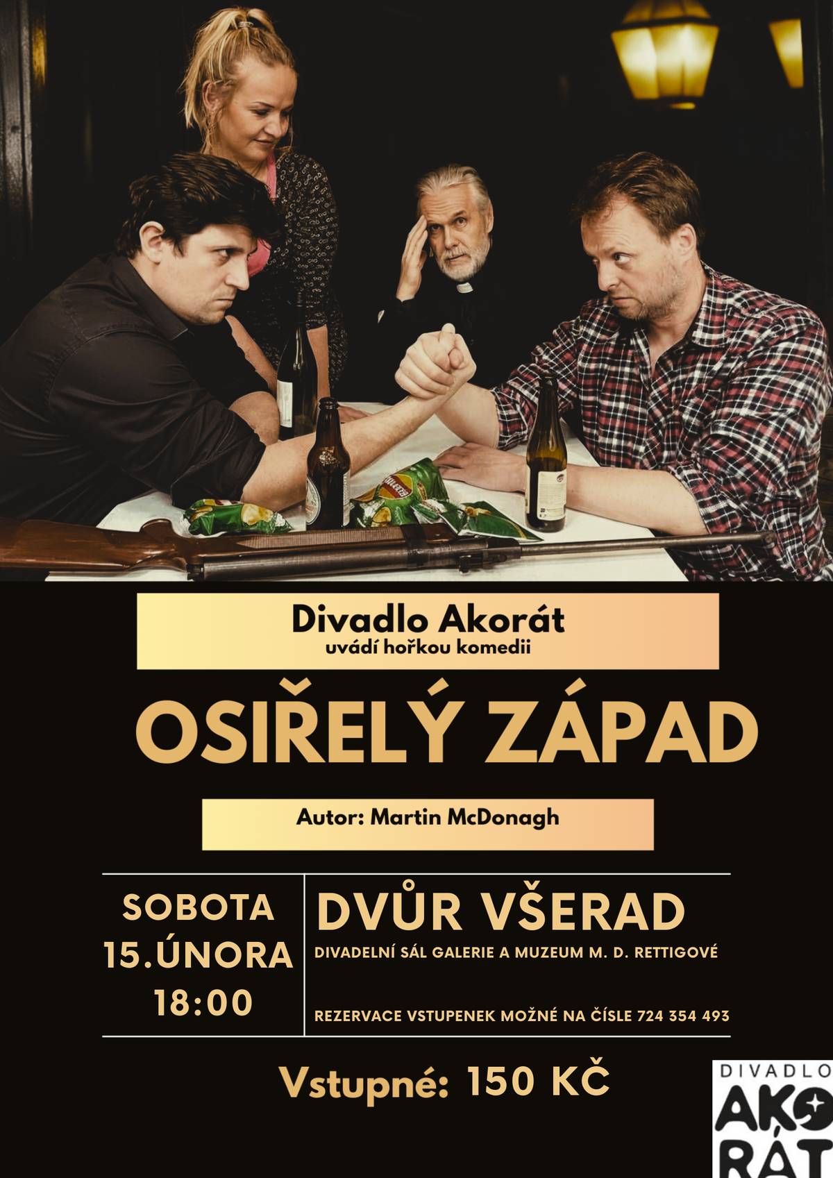 Hezký den, Ve Dvoře Všerad nás čekají rovnou tři divadla. 15.února od 13.00 Šípková Růženka pro děti  15.února od 18.00 Osiřelý západ  1.března od 18:00 Vostatkový soud   Pokud máte zájem o rezervaci lístků, neváhejte odpovědět na tento email nebo mne kontaktovat na telefonním čísle 724 354 493. Zároveň bych Vás ráda požádala o vyvěšení této informace na Vašich obecních informačních místech, pokud je to možné. Předem děkuji za Vaši ochotu a přeji krásný zbytek dne.   Lenka Stibalová