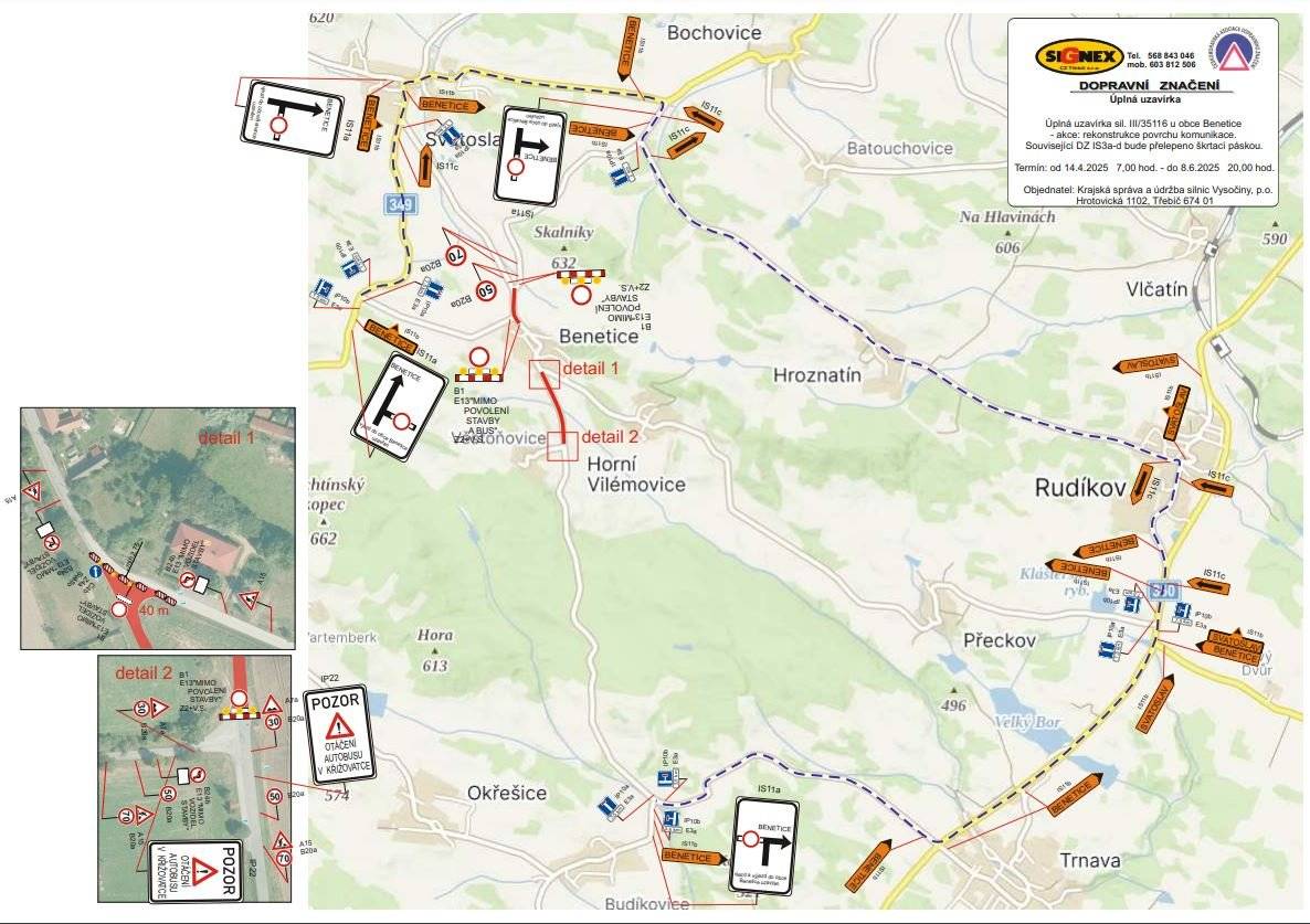 Od 14.4.2025 do 8.6.2025 budou probíhat opravy silnice z Benetic po křižovatku Svatoslav/Bochovice a silnice z Benetic od školy po odbočku na Věstoňovice.