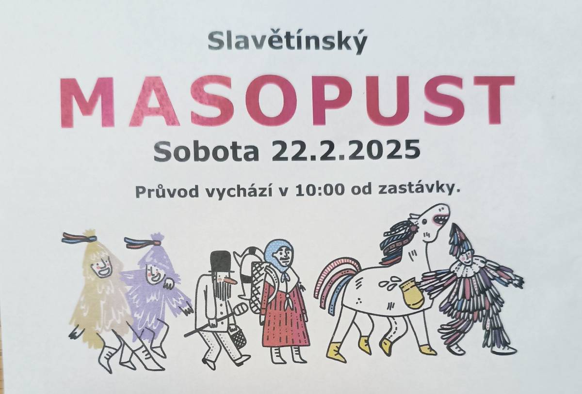 Masopustní rej vyrazí v sobotu 22. února 2025. Průvod masek vyráží od zastávky autobusu v 10 hodin. Zveme všechny místní i přespolní na masopustní veselí.
