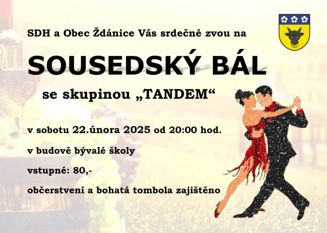Dobré poledne, přijměte všichni ještě jednou pozvání na zítřejší Sousedský bál, který proběhne v budově bývalé školy od 20:00 hod. Těšíme se na Vás..