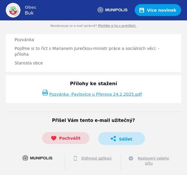 Pozvánka Pojďme si to říct s Marianem Jurečkou-ministr práce a sociálních věcí. -příloha Starosta obce