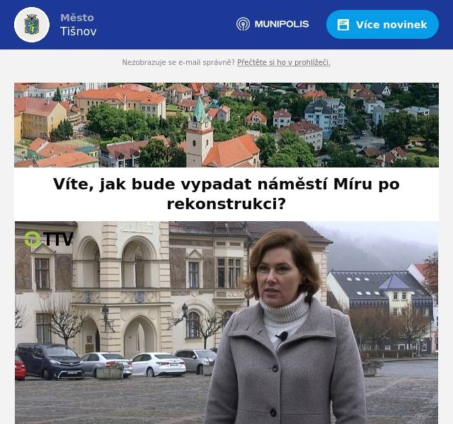 Zajímá Vás, jak bude vypadat tišnovské náměstí Míru po rekonstrukci? Vše podstatné se dozvíte ve videu od Tišnovské televize. Místostarosta Aleš Navrátil a architekti Markéta a Petr Veličkovi vysvětlují vše podstatné. Jak bude organizovaná doprava? Kde bude kolik parkovacích míst? Jak to bude se stromy nebo jaké přibudou vodní prvky? V novém náměstí budou mít svůj otisk také žáci místních základních škol. Jaký? I to se dozvíte ve videu.