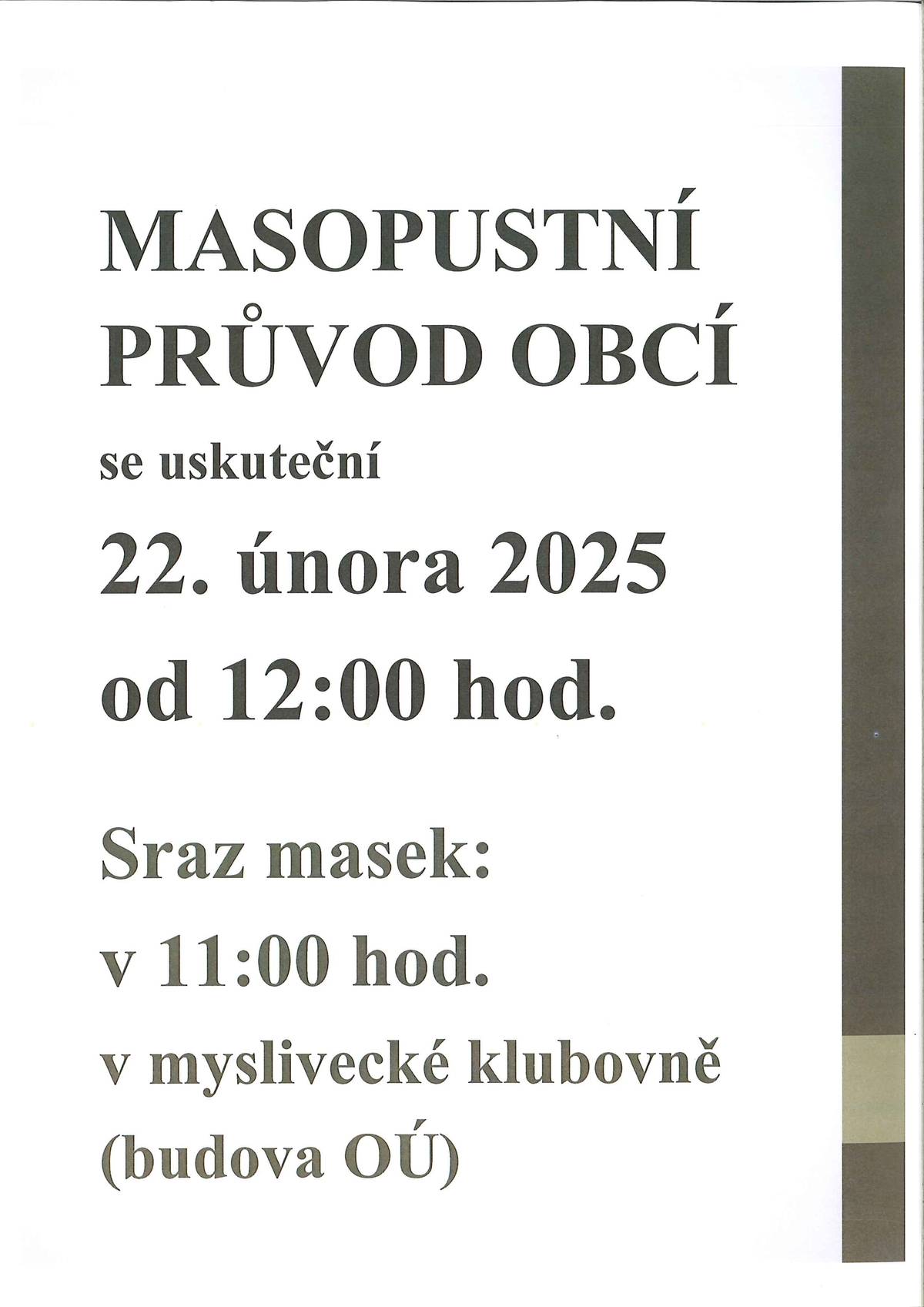 Masopustní průvod obcí se uskuteční 22.2.2025