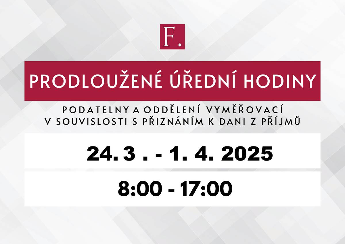 Finanční úřad pro Královéhradecký kraj - Územní pracoviště v Rychnově nad Kněžnou oznamuje mimořádné rozšíření úředních hodin v měsíci březnu a dubnu 2025 na Finančním úřadu pro Královéhradecký kraj – Územním pracovišti v Rychnově nad Kněžnou a další doplňující informace. Prodloužené úřední hodiny  Daňové přiznání online  Informace k dani z nemovitých věcí  Informace k placení daně z příjmů za rok 2024  Termíny pro podání daně z příjmu za rok 2024