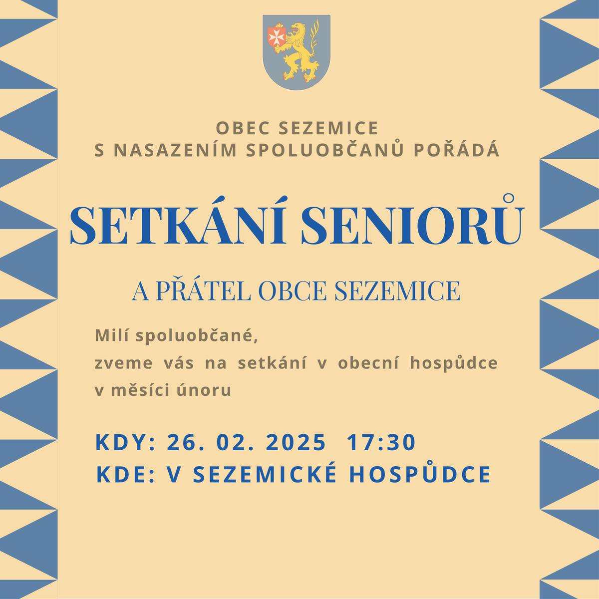 Zveme vás na setkání seniorů a přátel obce Sezemice ve středu 26.02.2025 od 17:30 do místní hospůdky.