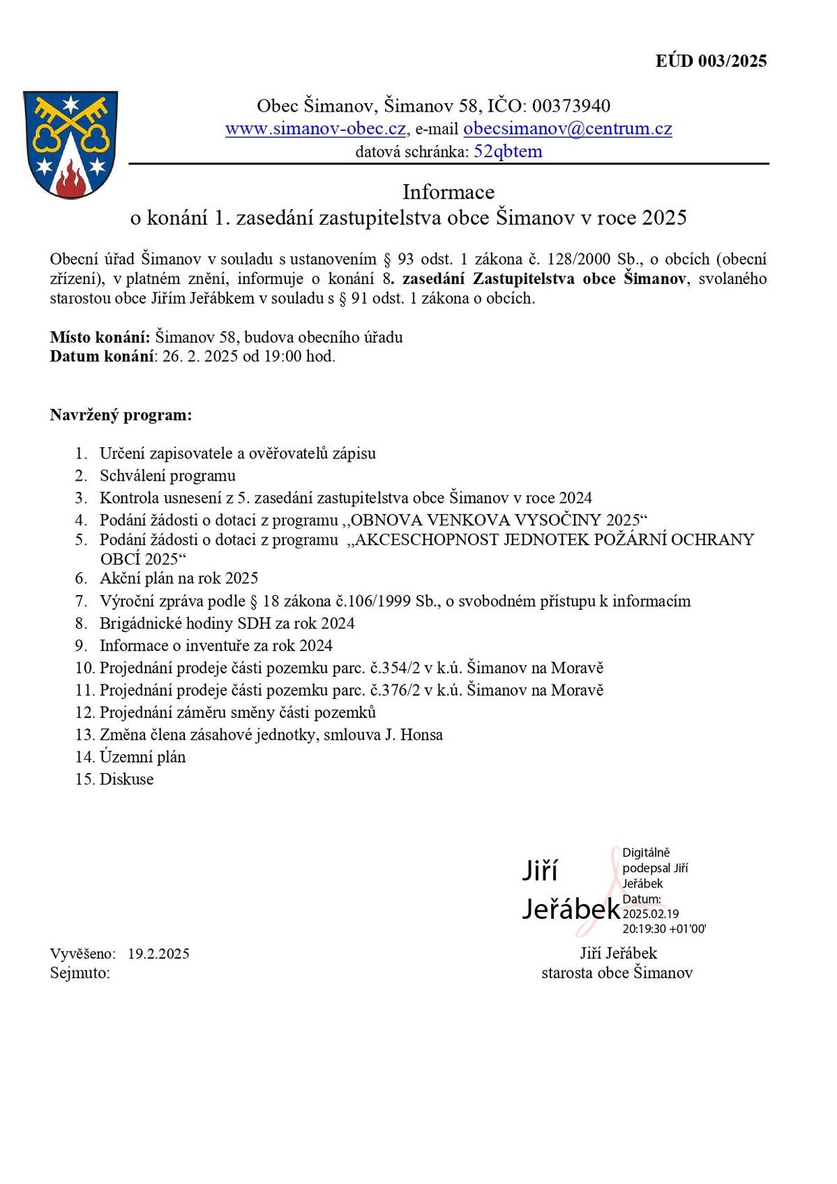 ve středu 26.2.2025 od 19.hodin, Šimanov 58, budova obecního úřadu