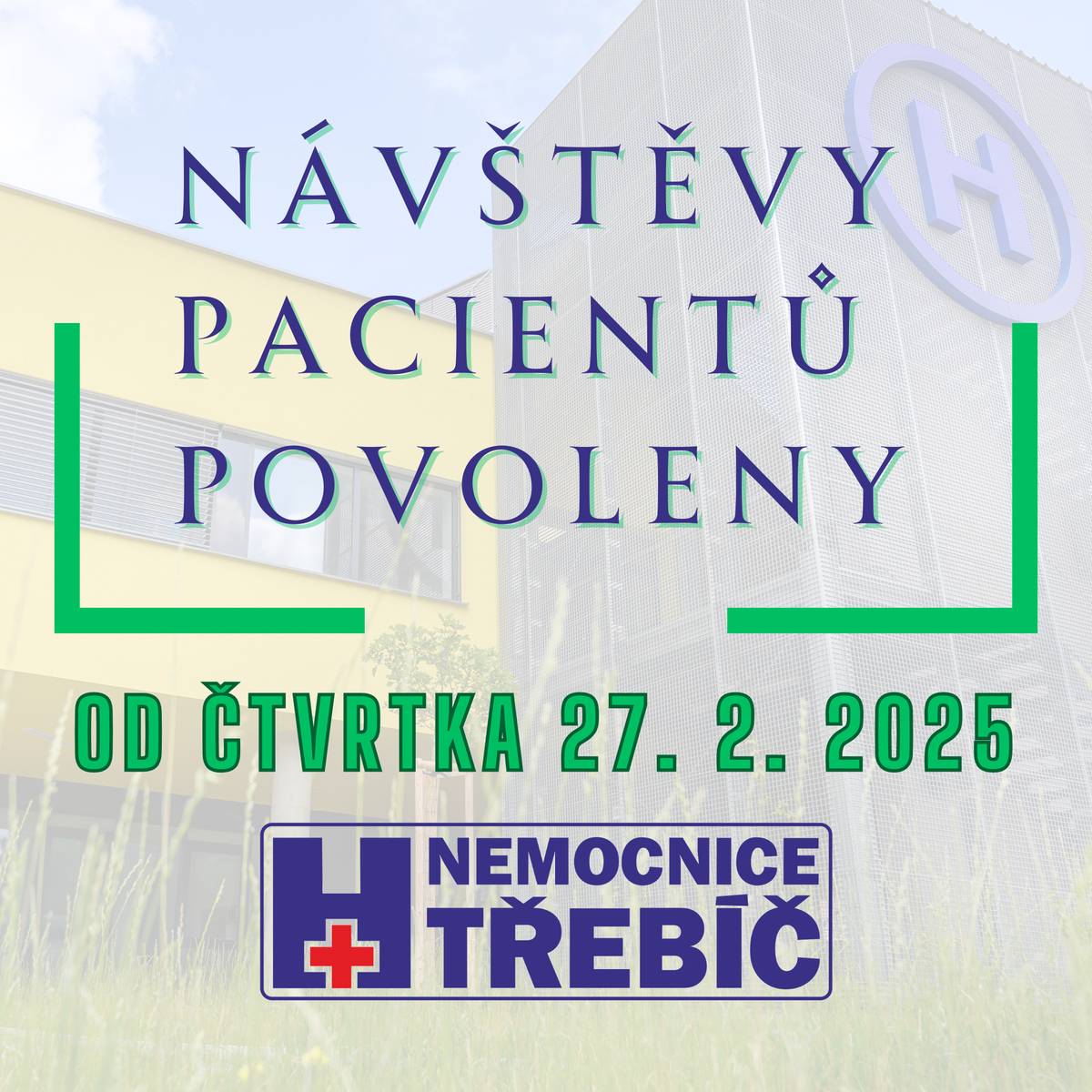 Vážení pacienti a návštěvy pacientů, oznamujeme, že s účinností od čtvrtka 27. 2. 2025 jsou návštěvy pacientů opět povoleny.