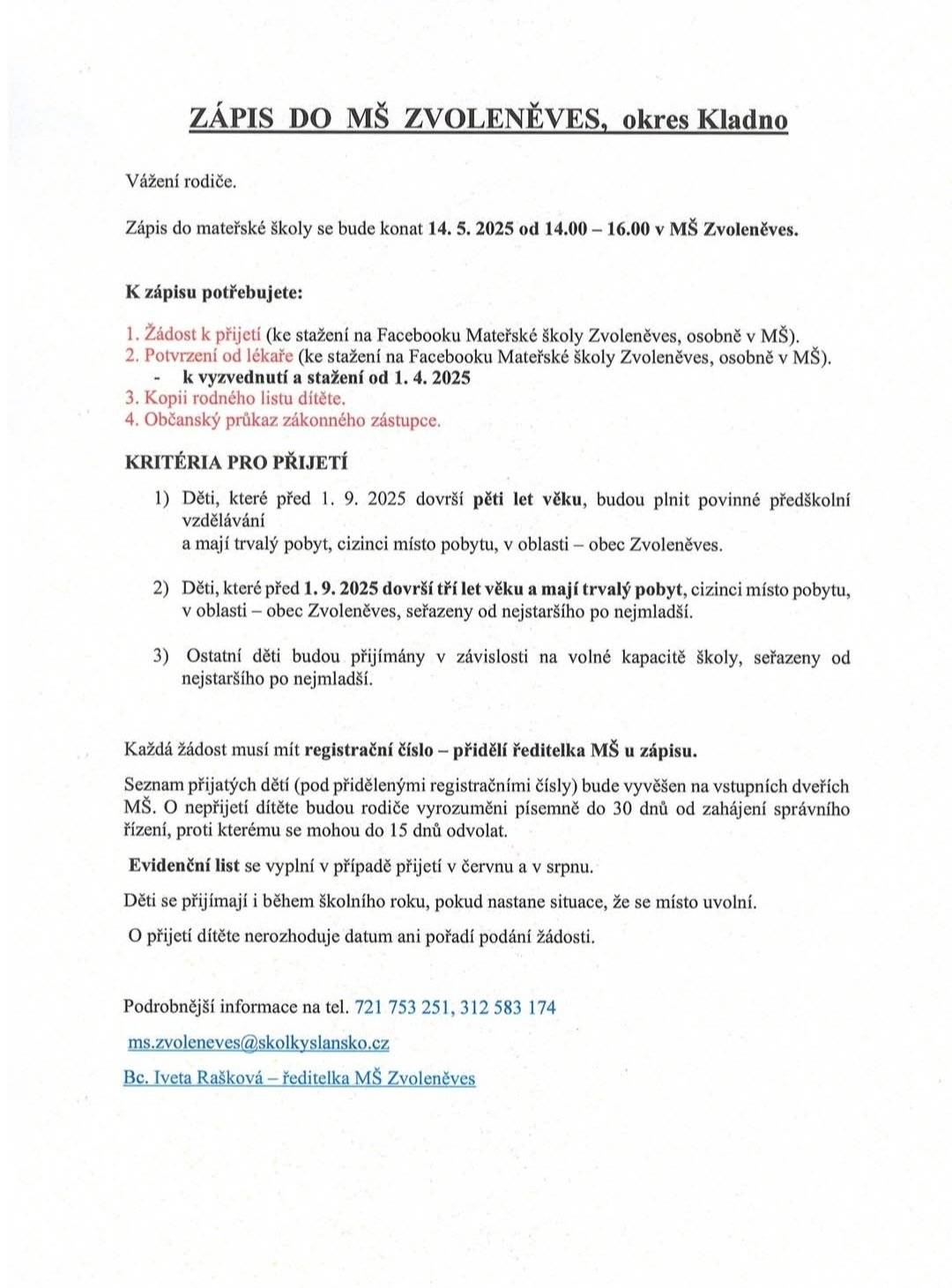 Termín a kritéria k zápisu do MŠ Zvoleněves.