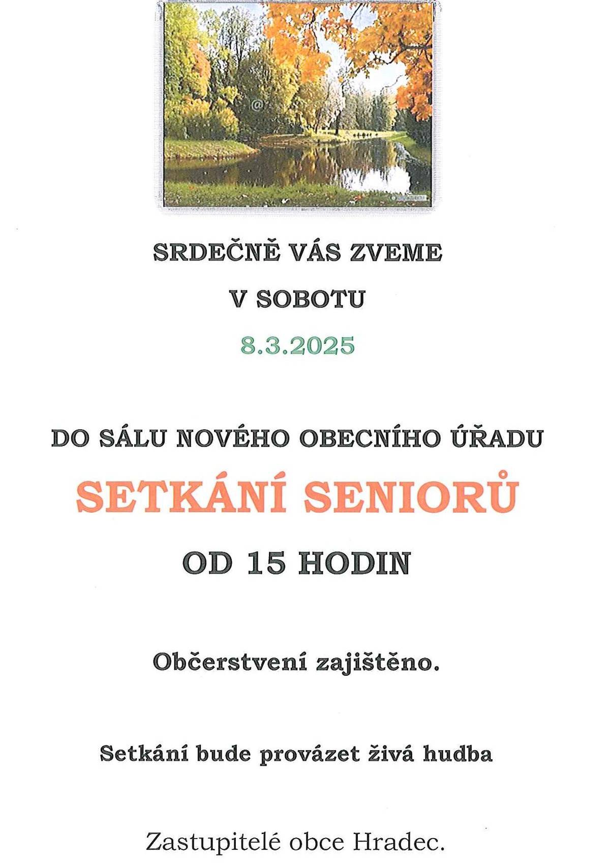 Zveme na setkání seniorů dne 8.3.2025 od 15.00 hod.