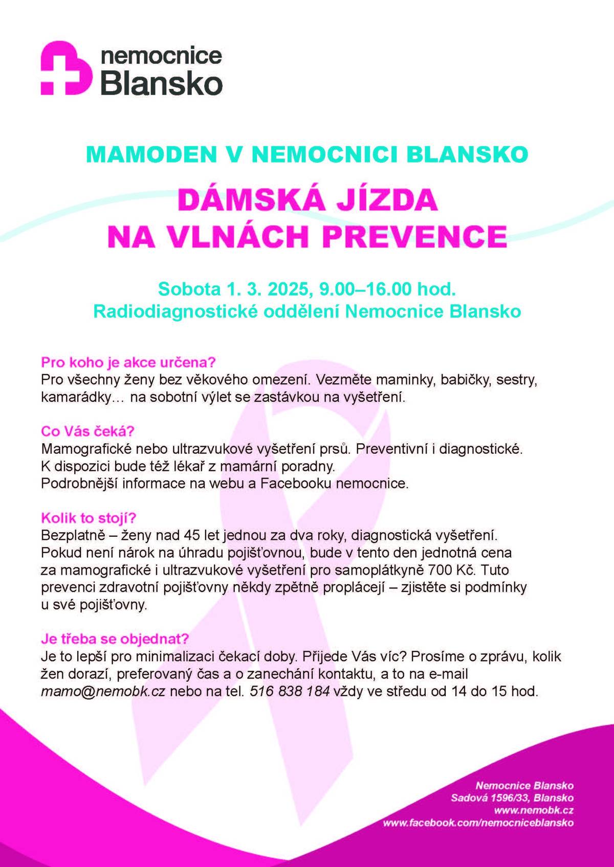 Nemocnice Blansko zve dámy na preventivní mamografické vyšetření.
