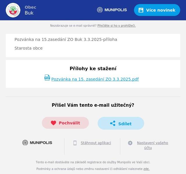 Pozvánka na 15.zasedání ZO Buk 3.3.2025-příloha Starosta obce
