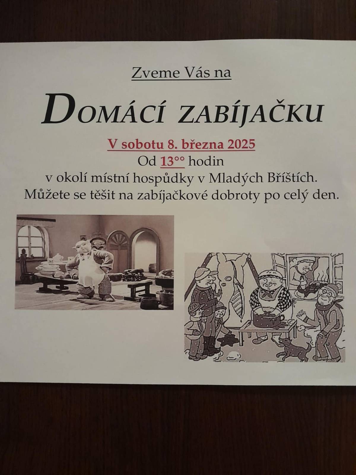 Obec Mladé Bříště Vás zve na domácí zabíjačku dne 8/3 2025 v prostorách před obecní hospodou od 13 hodin. Jelínková