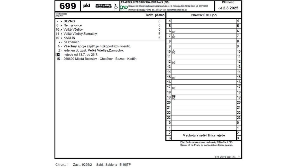 Od 2.3.2025 se mění jízdní řád na lince 699 Bezno - Kadlí