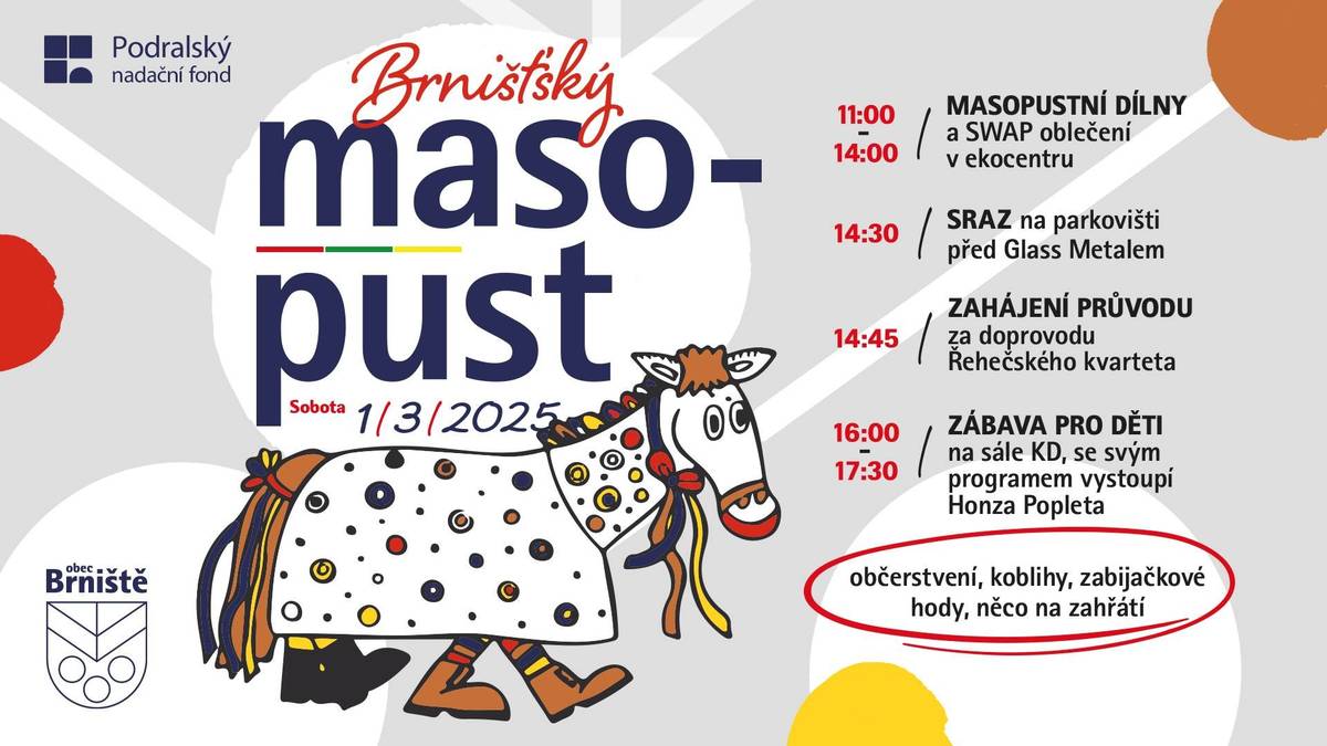 Zveme vás již tuto sobotu 1. 3. 2025 na tradiční MASOPUST. Sraz je ve 14:30 u Glass Metalu, kde bude připraveno teplé občersteví a něco na zub. Průvodem dojdeme ke KD Brniště na zabijačkové hody a od 16:00 hod. zabaví děti na sále Honza Popleta. Masky si můžete vytvořit v ekocentru Včelín od 11 do 14 hodin. Těšíme se na vás!