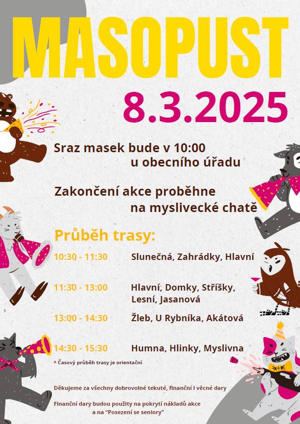 Pozvánka na masopust - koná se v sobotu 8. března 2025.