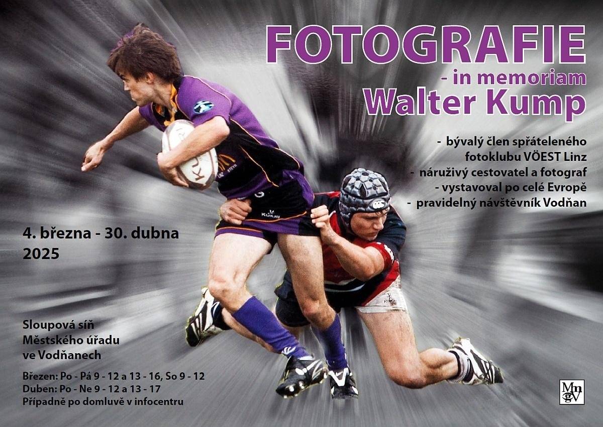 Út 4. březen - St 30. duben 2025 FOTOGRAFIE Walter Kump - in memoriam - bývalý člen spřáteleného fotoklubu VÖEST Linz - náruživý cestovatel a fotograf - vystavoval po celé Evropě - pravidelný návštěvník Vodňan Otevřeno: 1. 1. - 31. 3. - po, út, st, čt, pá - 9.00 - 16.00, so - 9.00 - 12.00 po dohodě s pracovníkem v infocentru, ne - zavřeno, 1. 4. - 30. 9. - po, út, st, čt, pá - 9.00 - 17.00, so, ne - 9.00 - 12.00 a 13.00 - 17.00 po dohodě s pracovníkem v infocentru, 18. 4. - pá - zavřeno, Místo konání: Sloupová síň - Městský úřad, náměstí Svobody 18, Vodňany