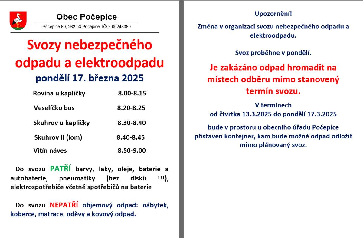Dne 17. března 2025 se uskuteční svoz nebezpečného odpadu.