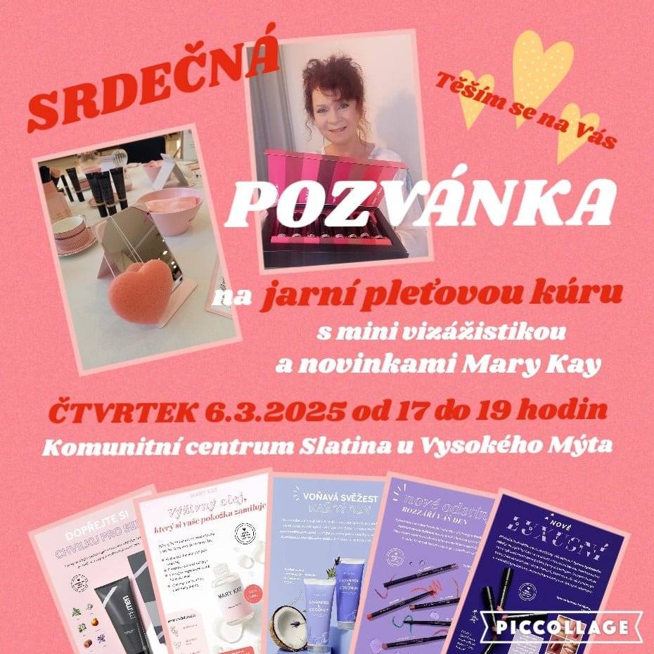 Srdečně vás zveme na jarní pleťovou kúru s mini vizážistikou a představením novinek značky Mary Kay. Akce proběhne v Komunitním centru ve čtvrtek 6.3. od 17 do 19 hodin.
