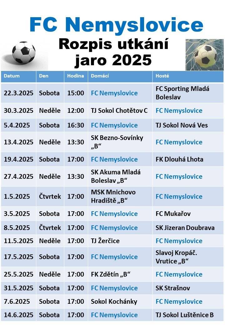 Fotbalový klub FC Nemyslovice Vás zve na jarní část fotbalové sezóny 2024-2025  dle rozpisu v příloze. Začínáme v sobotu 22.3.2025 na domácím hřišti s FC Sporting MB.