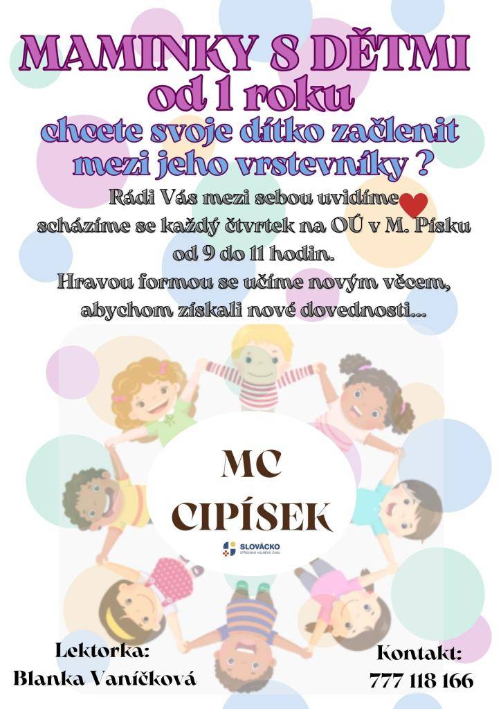 Zveme vás na pravidelná setkání dětí, která se konají každý čtvrtek v přízemí obecního úřadu od 9 do 10 hodin.