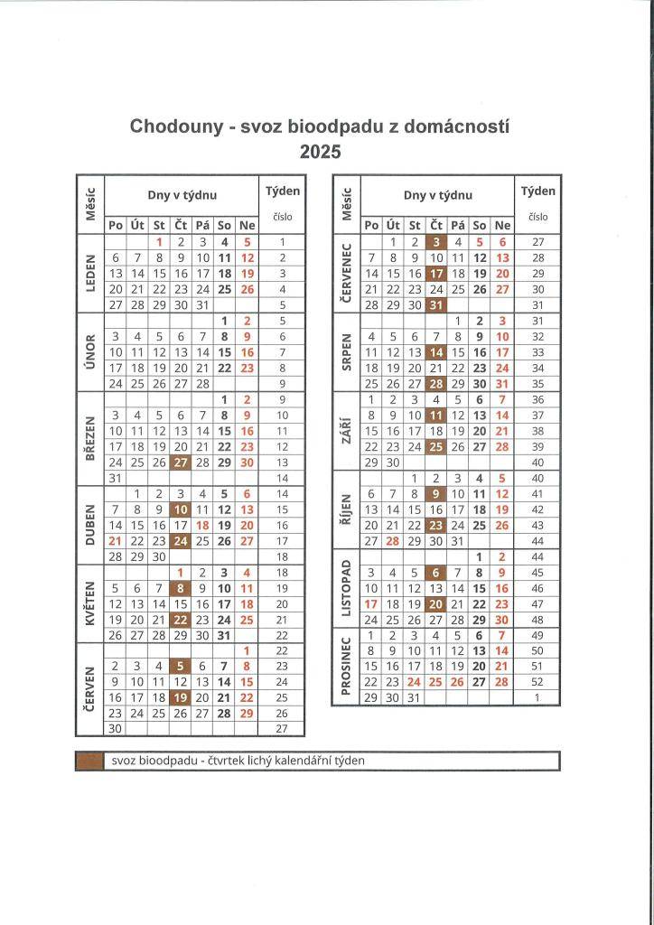 Kalendář svozu bioodpadů od domu 2025