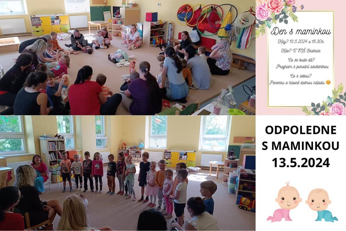 13.5.2024 se konalo ve školce odpoledne s maminkou - děti si s maminkami učily jak zacházet s miminkem a taky dětské masáže pod vedením porodní asistentky p. Barbory Hanuškové.