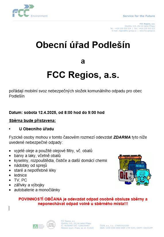 Svoz nebezpečného odpadu dne 12. 4. 2025