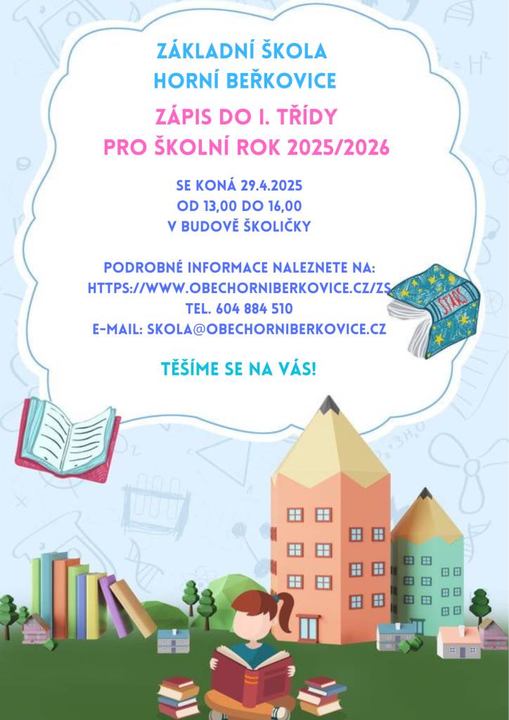 se koná 29.4. 2025 od 13:00 do 16:00 v budově školičky.  Podrobné informace naleznete na:  HTTPS//WWW.OBECHORNIBERKOVICE.CZ//ZS  Tel. 604 884 5410  E - mail: skola@horniberkovice.cz