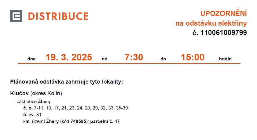 Dne 19.3. je plánovaná odstávka elektřiny od 7:30 do 15:00 hodin.