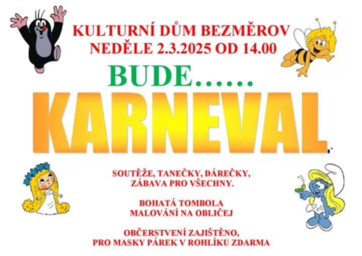 Dětský karneval - neděle 2.3.2025 KD Bezměrov od 14:00