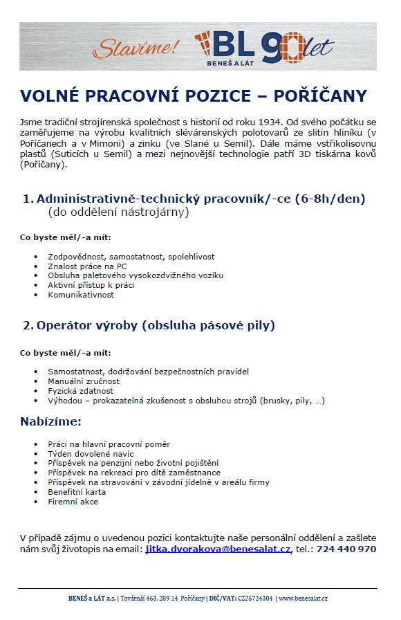 Firma Beneš a Lát hledá nové pracovníky.