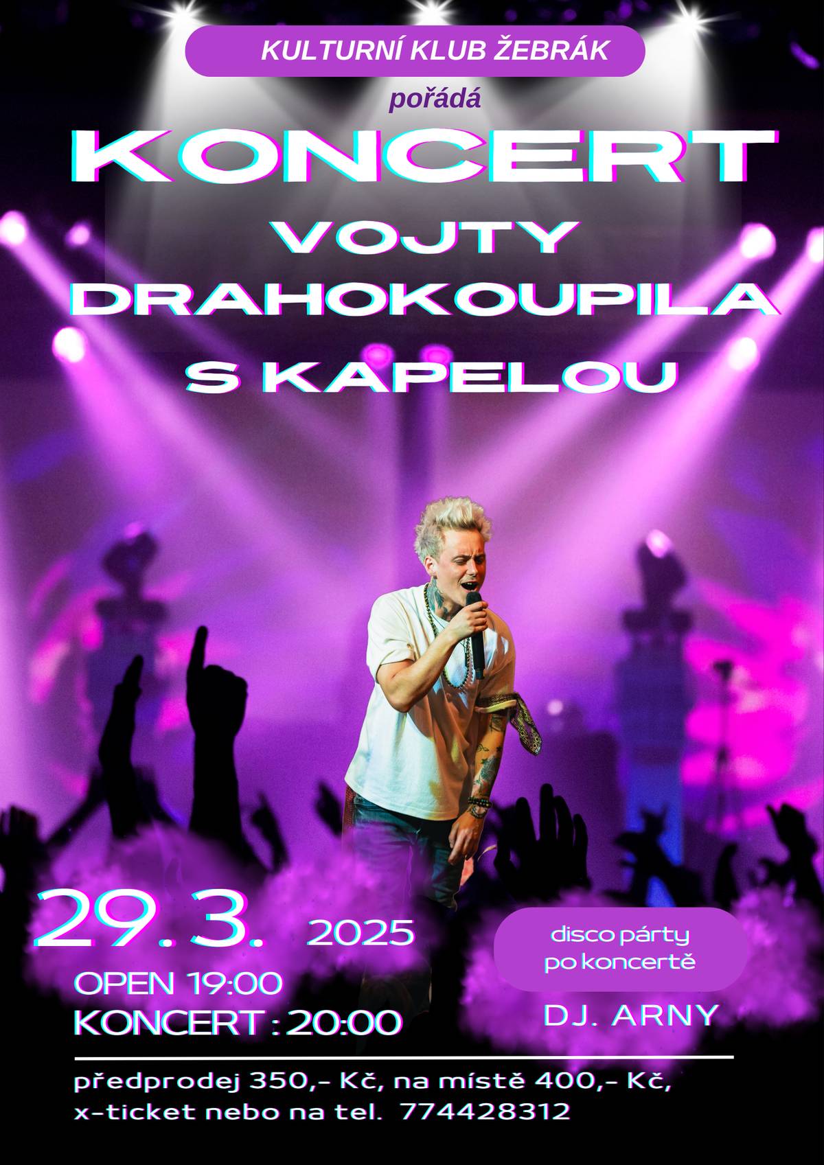 29. března přivítáme jednoho z muzikálových herců divadla Broadway Vojtu Drahokoupila a jeho kapelu. Vstupenky jsou v prodeji v síti xticket nebo v KK. Vstup je od 19. hodin, začínáme ve 20.00 hodin a po koncertě Vás zveme na after party s DJ Arnym.