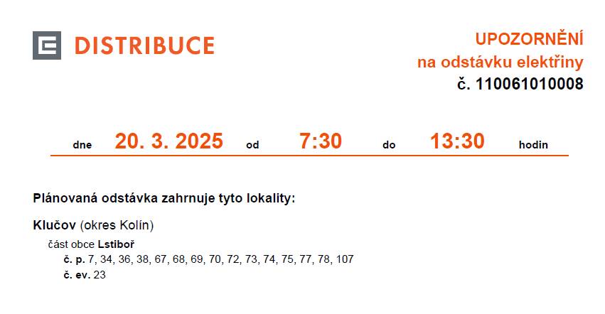 Dne 20.3. je plánovaná odstávka elektřiny od 7:30 do 13:30 hodin.