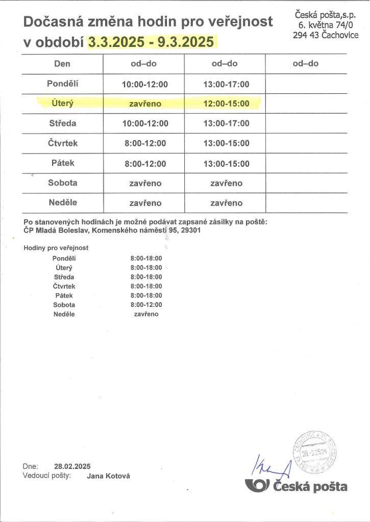 V úterý 4.3.2025 bude mít Pošta Čachovice omezenou pracovní dobu, otevřeno bude pouze od 12 do 15hodin.