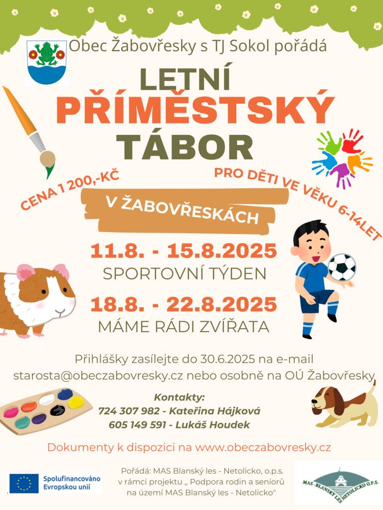 Obec Žabovřesky společně s TJ Sokol pořádá Letní příměstský tábor pro děti ve věku 6 - 14 let (2 turnusy - 11.8.-15.8.2025 a 18.8.-22.8.2025).