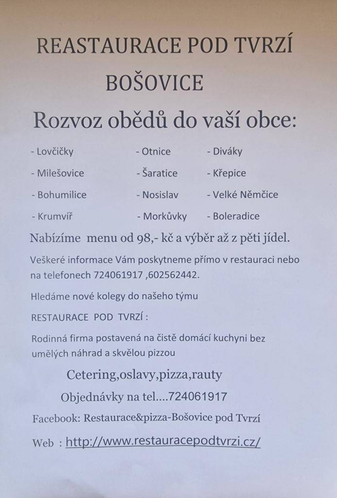 Restaurace Pod Tvrzí Bošovice nabízí rozvoz obědů do naší obce, denní menu od 98,- Kč a výběr až z pěti jídel...  Tel.: 724 061 917 a 602 562 442