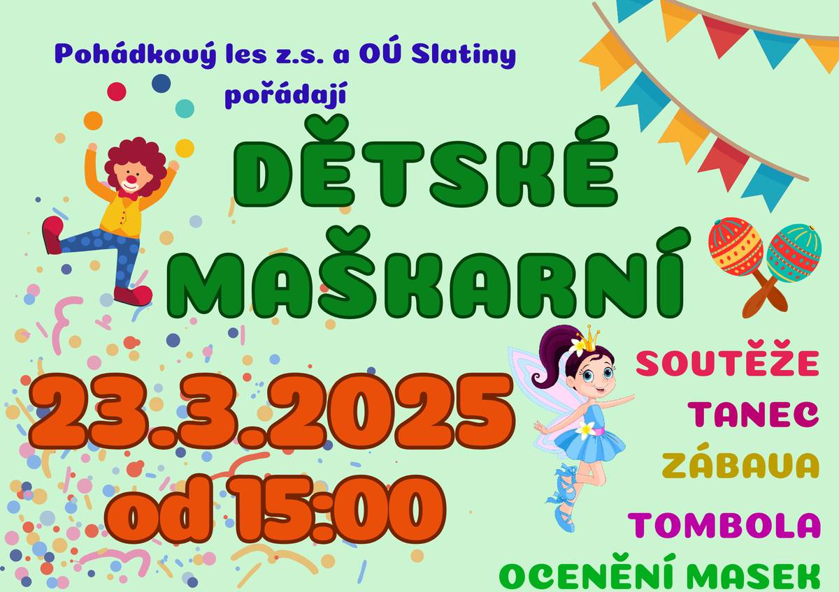 Dětský maškarní ples - 23.3.2025 od 15 hod v KD Slatiny