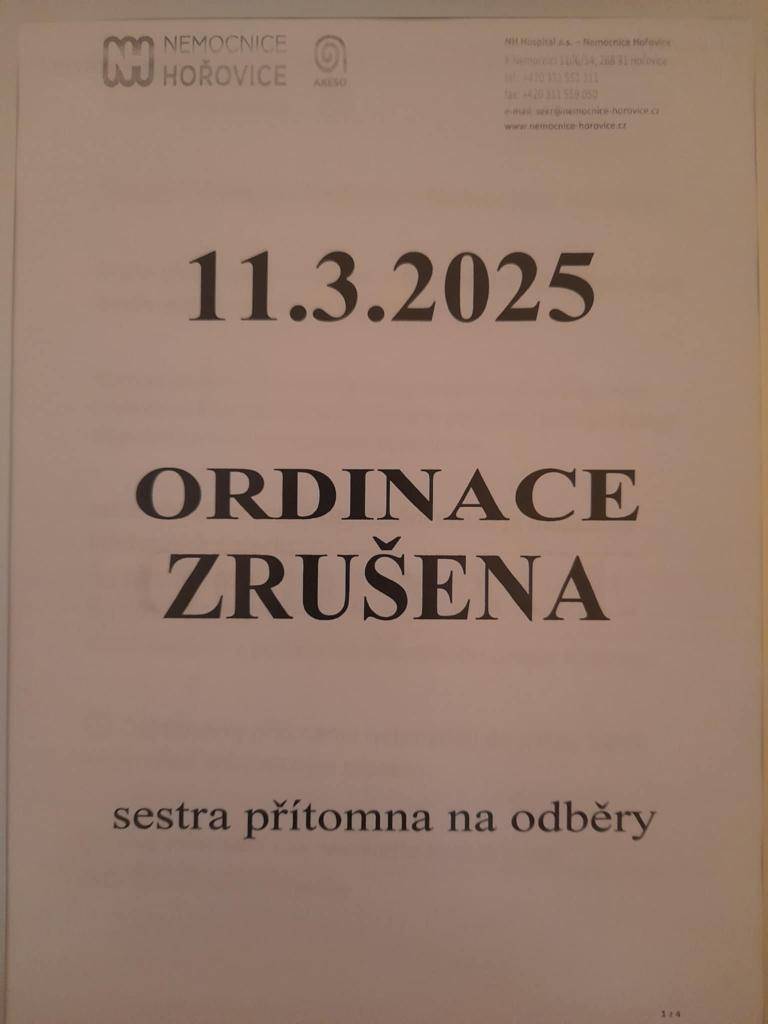 Interní ambulance v úterý 11. března 2025 neordinuje. Sestra přítomna na odběry.