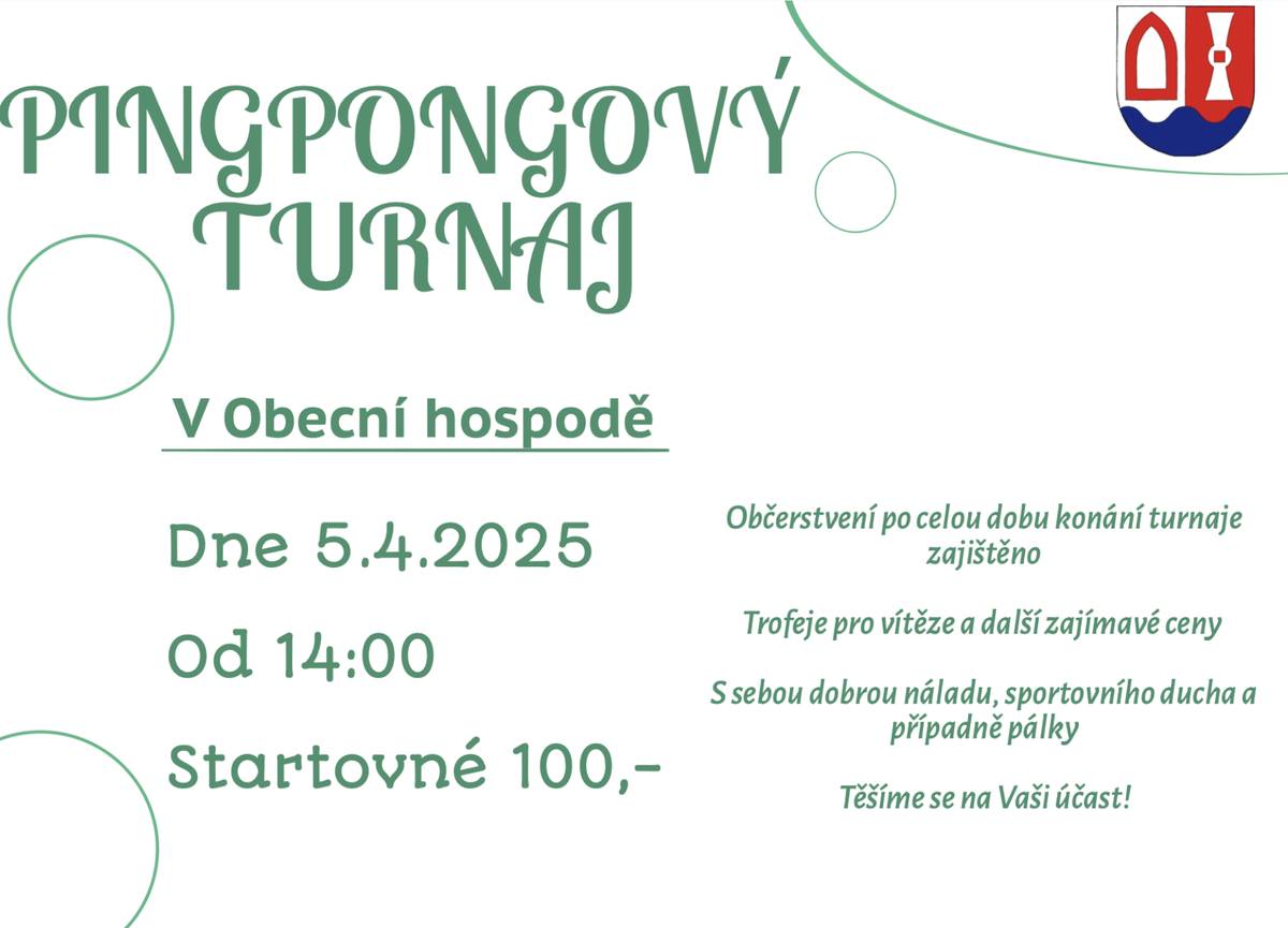 Zveme Vás na pingpongový turnaj, který se bude konat v sobotu 5.4. od 14hod. v Obecní hospodě. Dále na Aprílovou Disco párty, která se uskuteční také v sobotu 5.4. od 19hod. v Obecní hospodě.