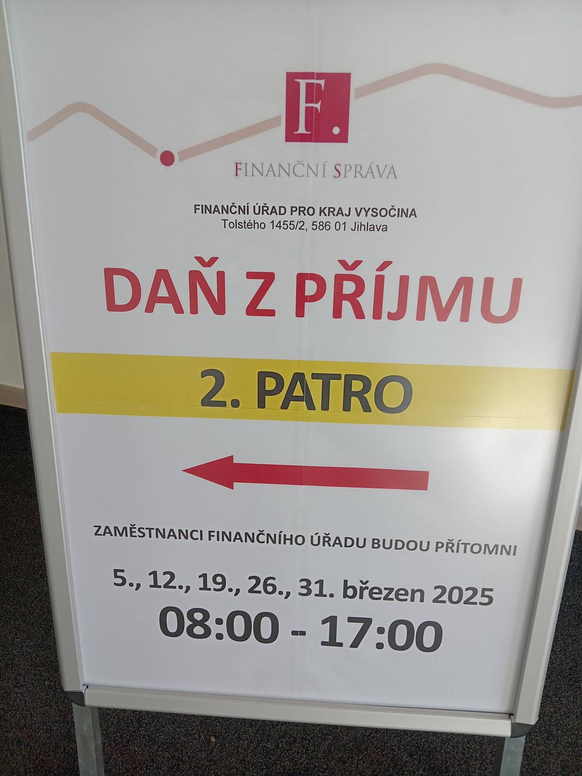 Dobrý den Pro podání přiznání z příjmů za rok 2024 je v měsíci březnu zřízeno poradenské místo na MěÚ Bystřice nad Pernštejnem. Pracovníci FÚ budou přítomni 5., 12., 19., 26., 31. března 2025 Přeji hezký de