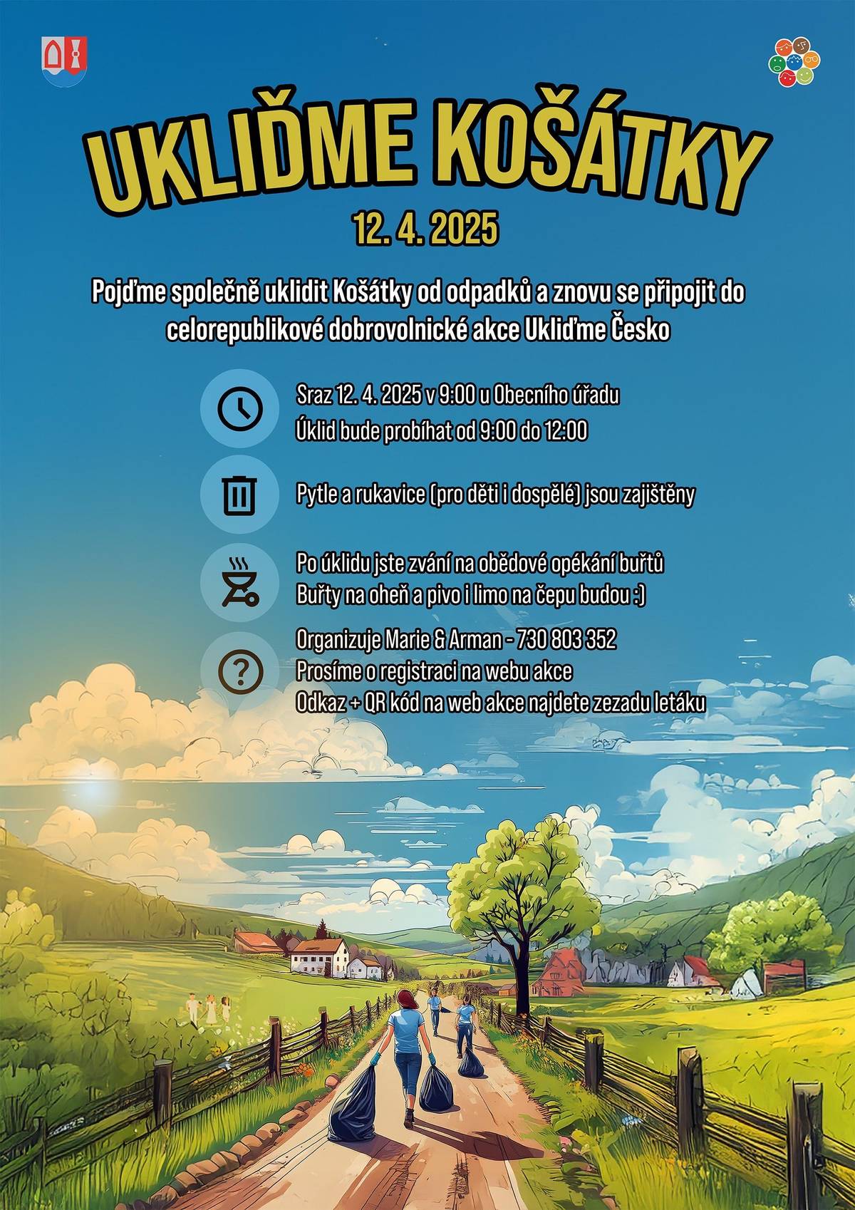 Pojďme společně uklidit Košátky od odpadků a připojit se tak do celorepublikové akce "Ukliďme Česko" a udělat tak Košátky ještě hezčí ⭐️. Po skončení úklidu zveme všechny dobrovolníky na opékání buřtů.