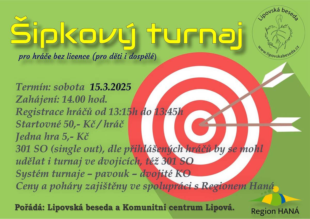 Lipovská beseda a Komunitní centrum Lipová zvou všechny na druhý ročník šipkového turnaje.