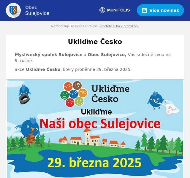 Myslivecký spolek Sulejovice a Obec Sulejovice, Vás srdečně zvou na 9. ročník akce Ukliďme Česko, který proběhne 29. března 2025.